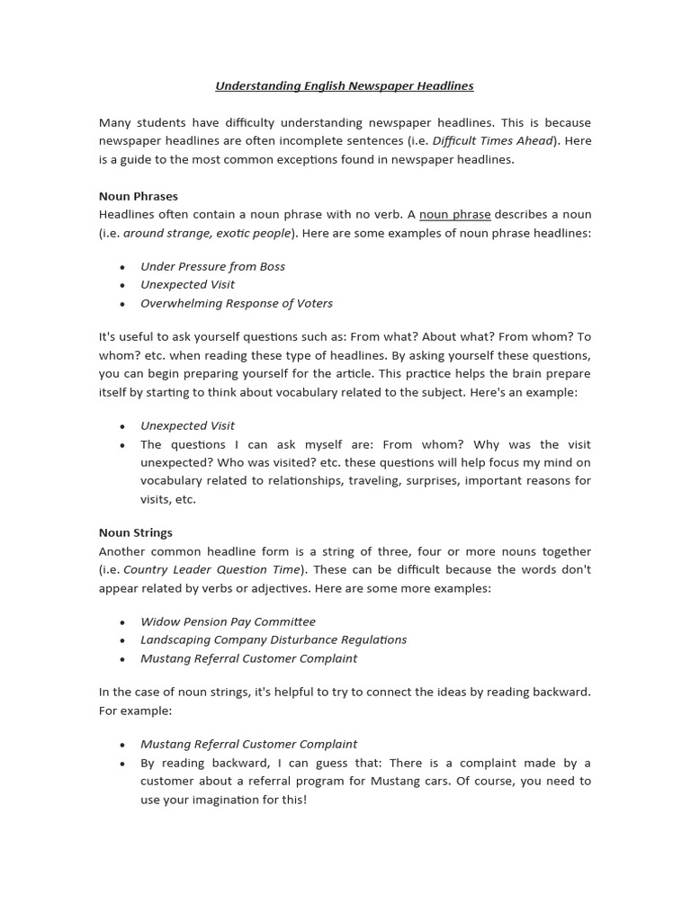 Understanding English Newspaper Headlines PDF Noun Verb
