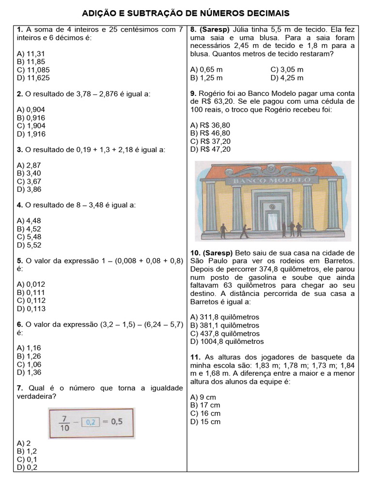 Exercícios de Adição e Subtração de Decimais | PDF