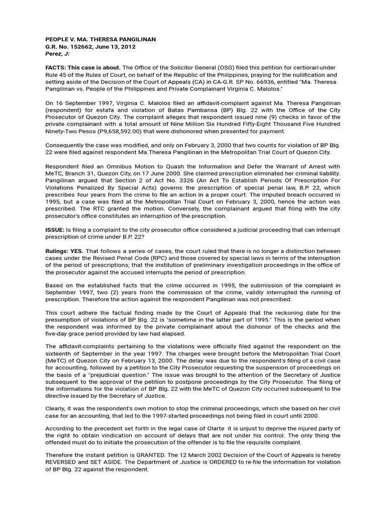 People of The Philippines v. Pangilinan PDF Statute Of Limitations