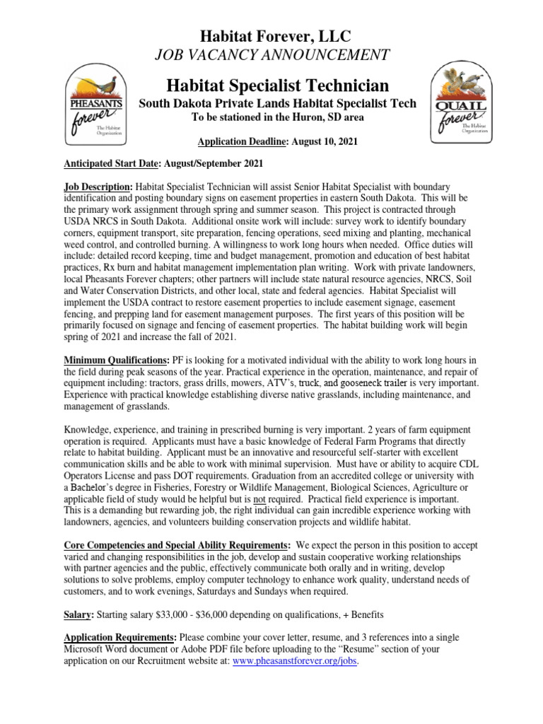 SD Habitat Specialist Technician JA Huron 2021 PDF Natural