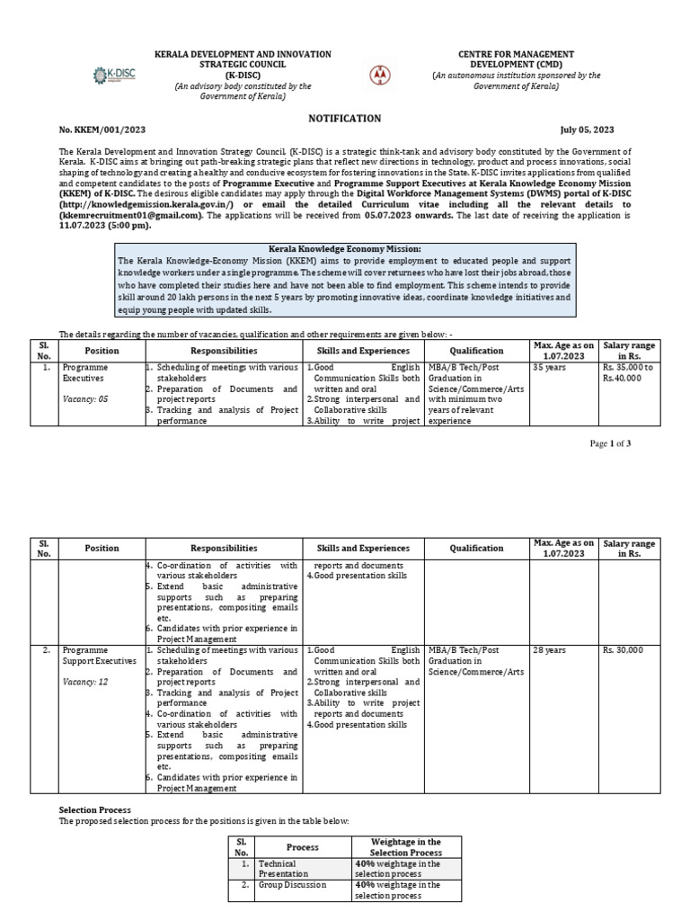 KKEM Recruitment Notification 2023 | PDF | Knowledge Economy | Recruitment