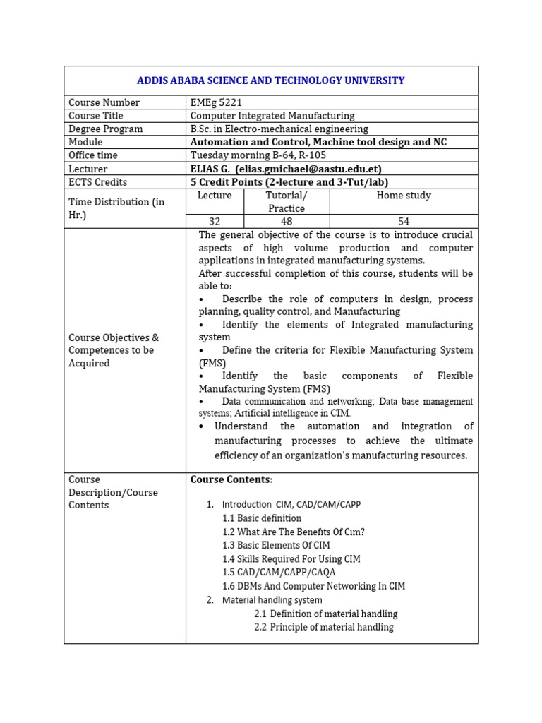 CIM Course Out Line PDF Automation System