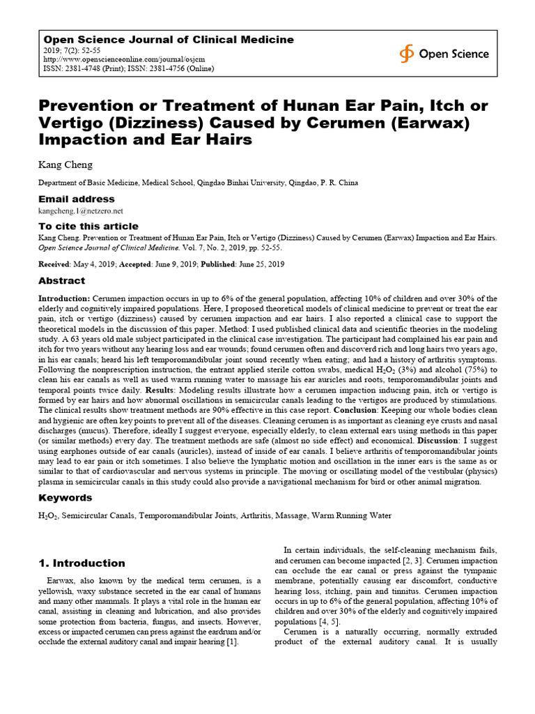 Prevention or Treatment of Hunan Ear Pain, Itch or Vertigo (Dizziness