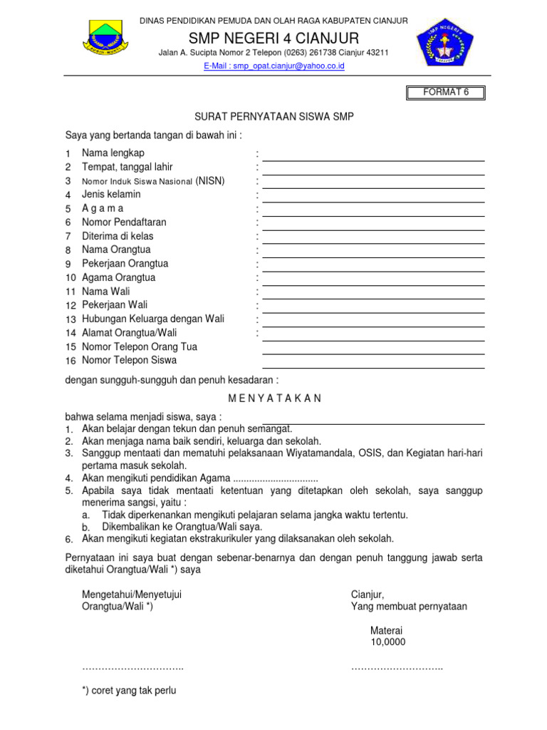 Surat Pernyataan Siswa SMP Cianjur | PDF | Olahraga & Rekreasi