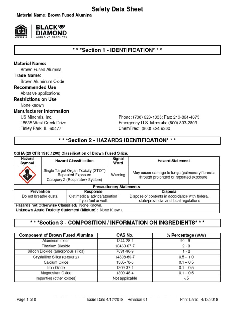Brown Fused Alumina Oxide Sds Rev 1 PDF Silicon Dioxide Aluminium