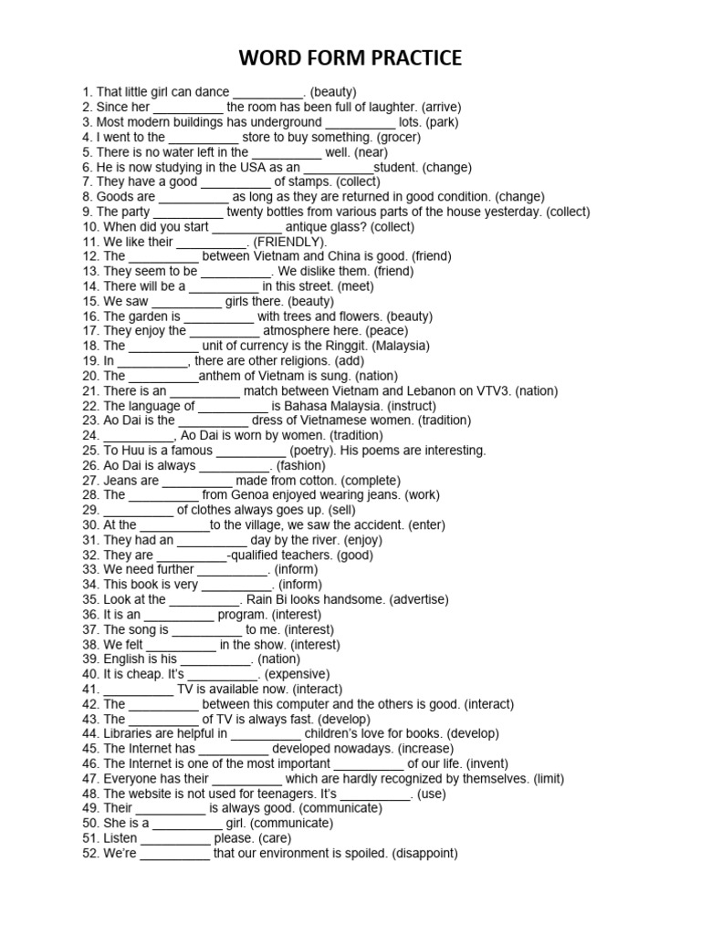 Word Form Practice Exercises | PDF | Teaching Methods & Materials