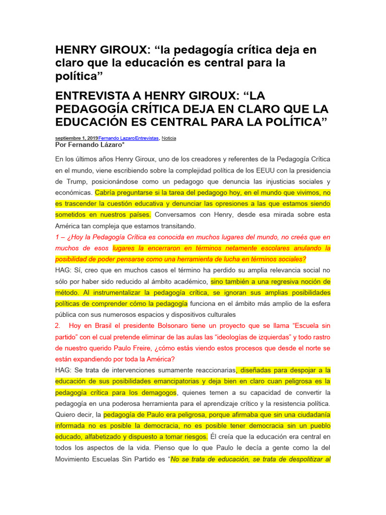 HENRY GIROUX La Pedagogía Crítica Deja en Claro Que La Educación Es