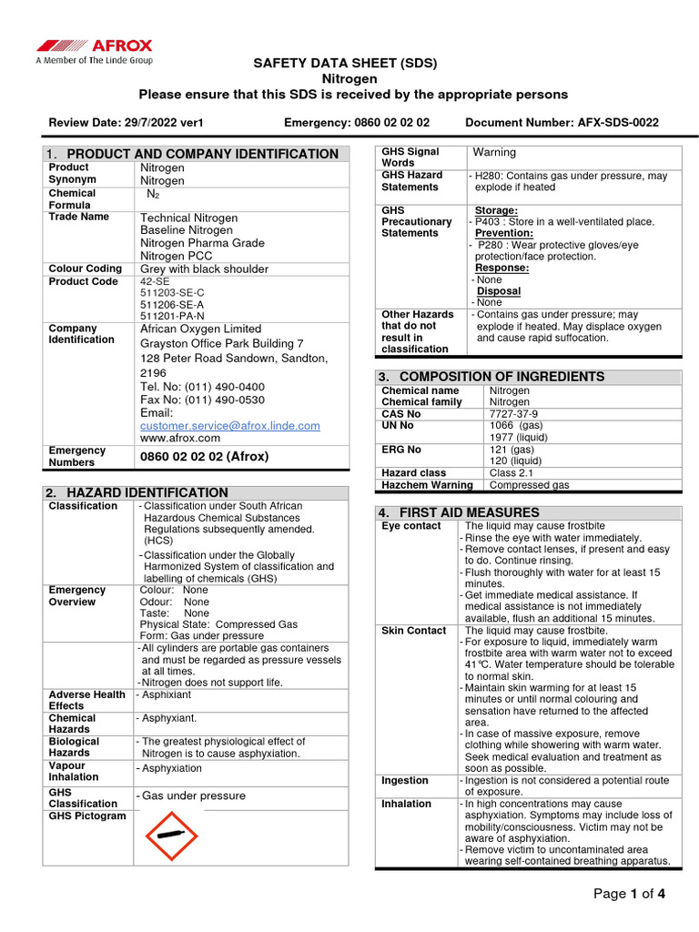 Nitrogen Safety Data Sheet (SDS) | PDF | Dangerous Goods | Personal ...
