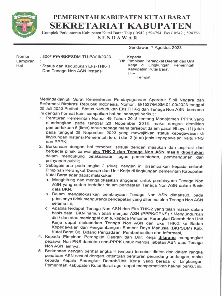 Surat edaran status dan kedudukan eks thk ii dan tenaga non asn pdf