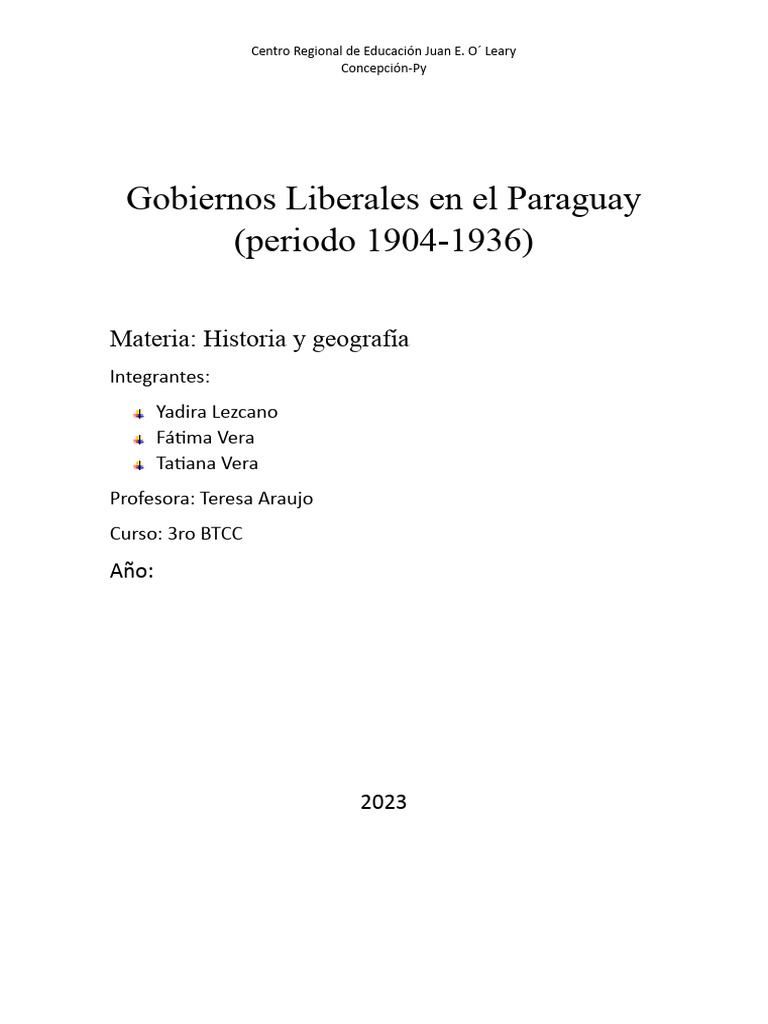 Gobiernos Liberales en El Paraguay PDF Paraguay