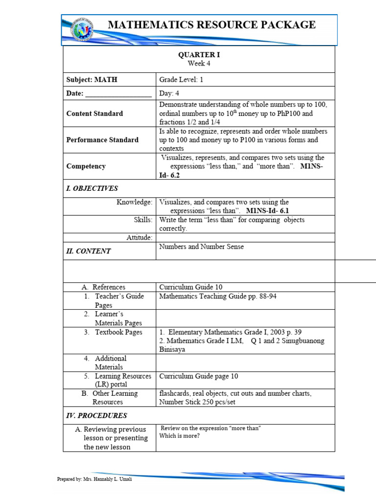 Math1 Q1 Week4 Day4 Pdf Curriculum Learning