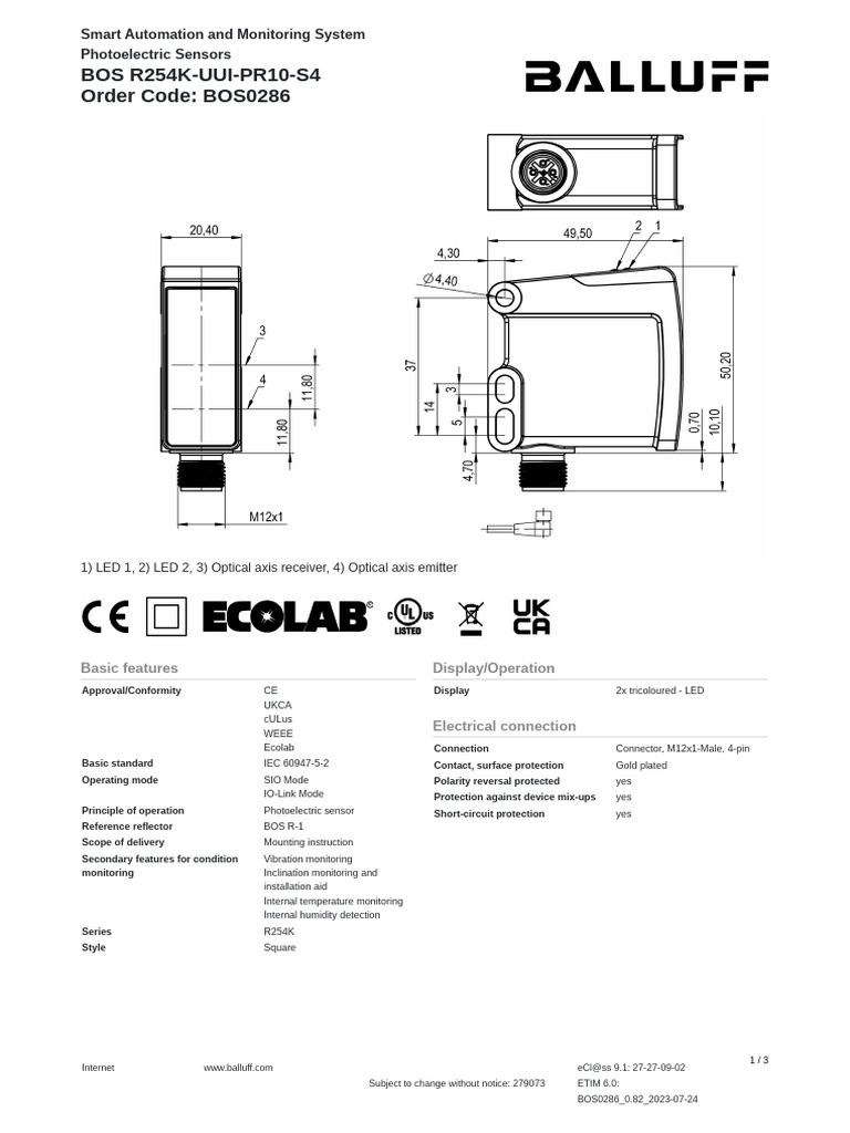 Photoelectric Sensor BOS R254K-UUI-PR10-S4 | PDF | Optics | Electrical ...