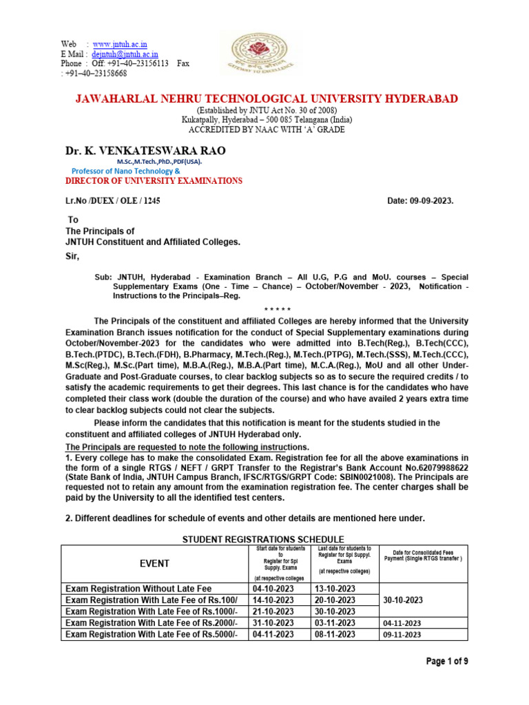 JNTUH Notification For One Time Chance 2023 PDF