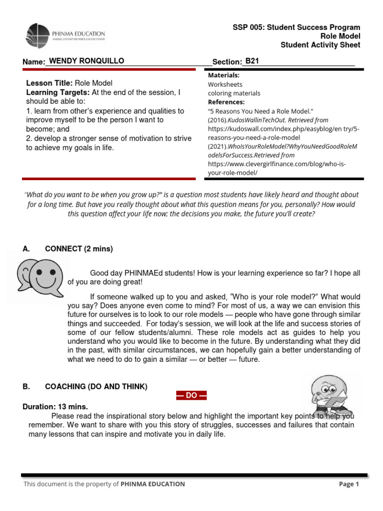SSP005 - Role Model - RONQUILLO, WENDY | PDF | Experience | Cognition