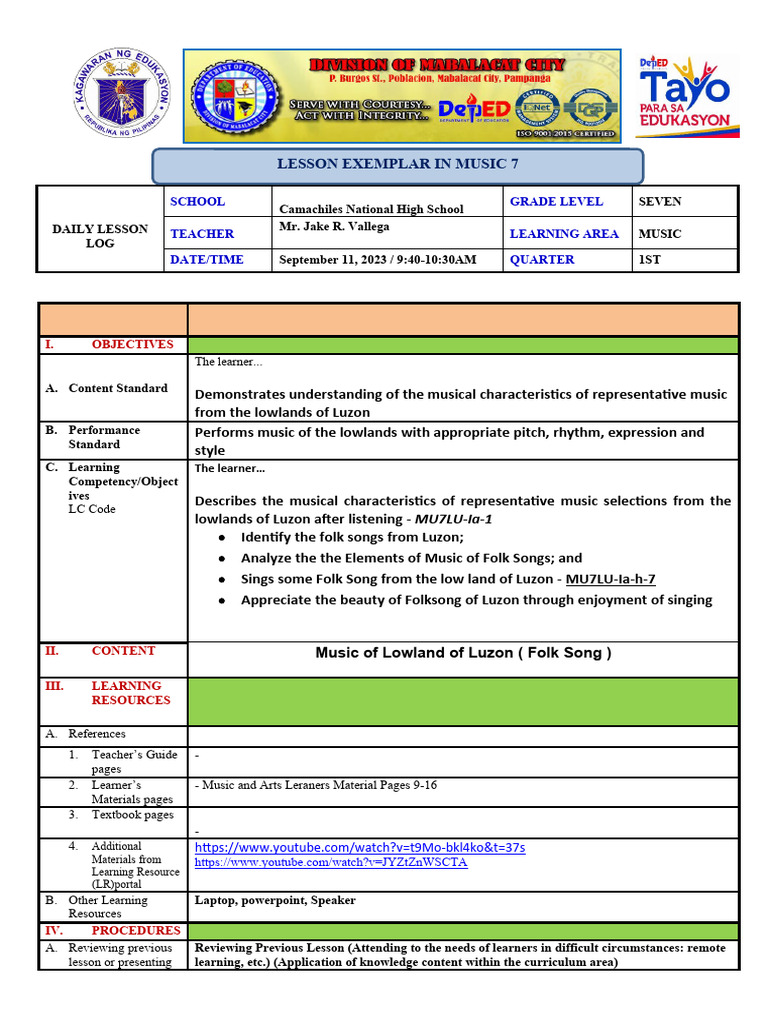 Grade 7 Luzon Folk Music Lesson | PDF | Songs | Learning