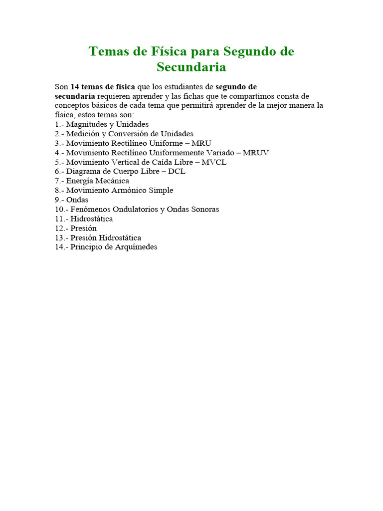 Temas de Física para Segundo de Secundaria | PDF
