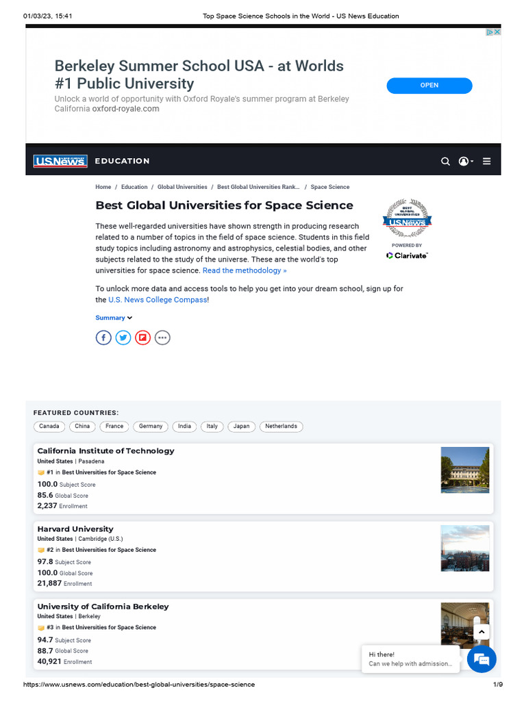 Top Space Science Schools in the World US News Education PDF