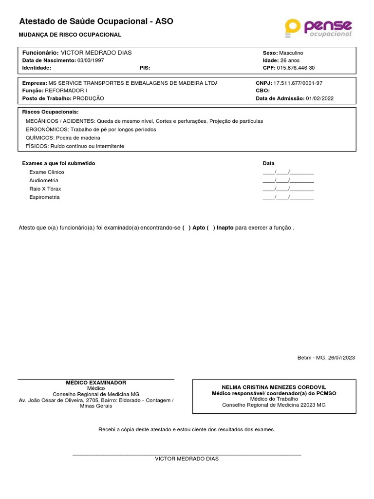 Atestado de Saúde Ocupacional ASO 2023 | PDF | Especialidades médicas ...