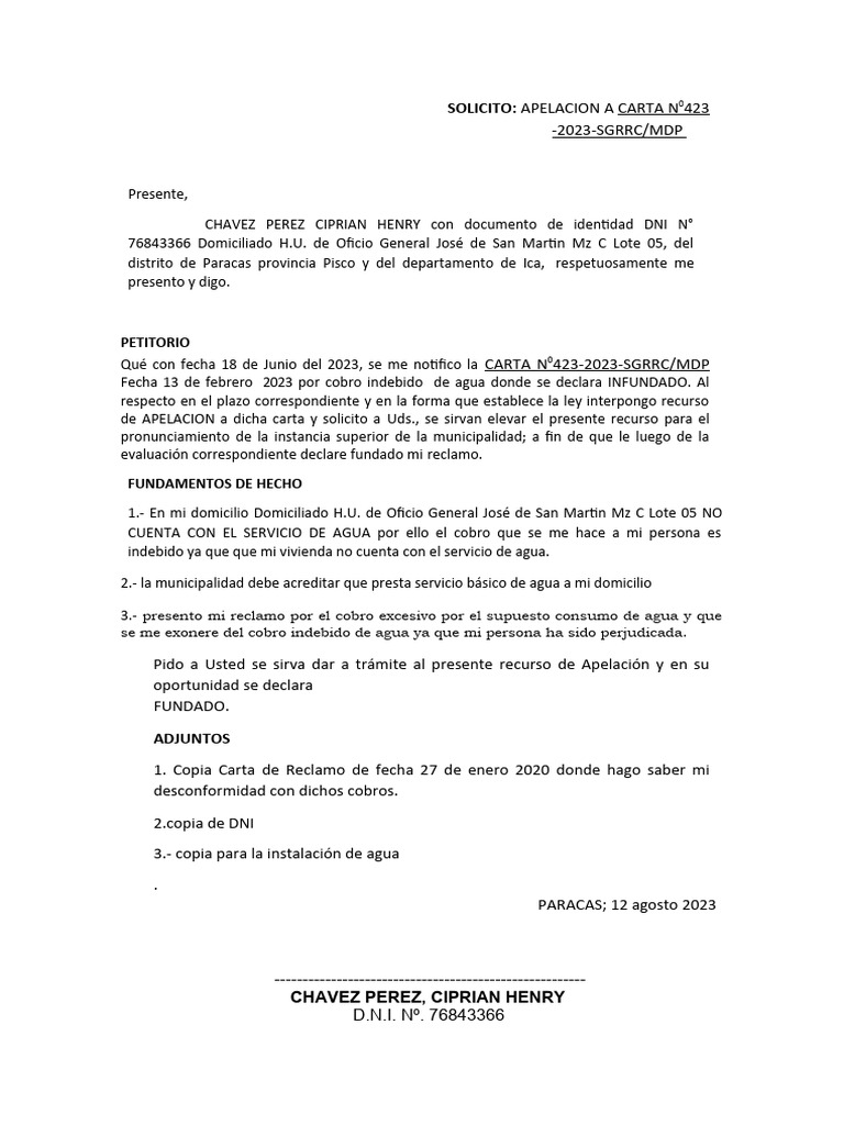 Modelo De Carta De Reclamo Por Cobro Excesivo De Agua Vrogue Coejemplo ...