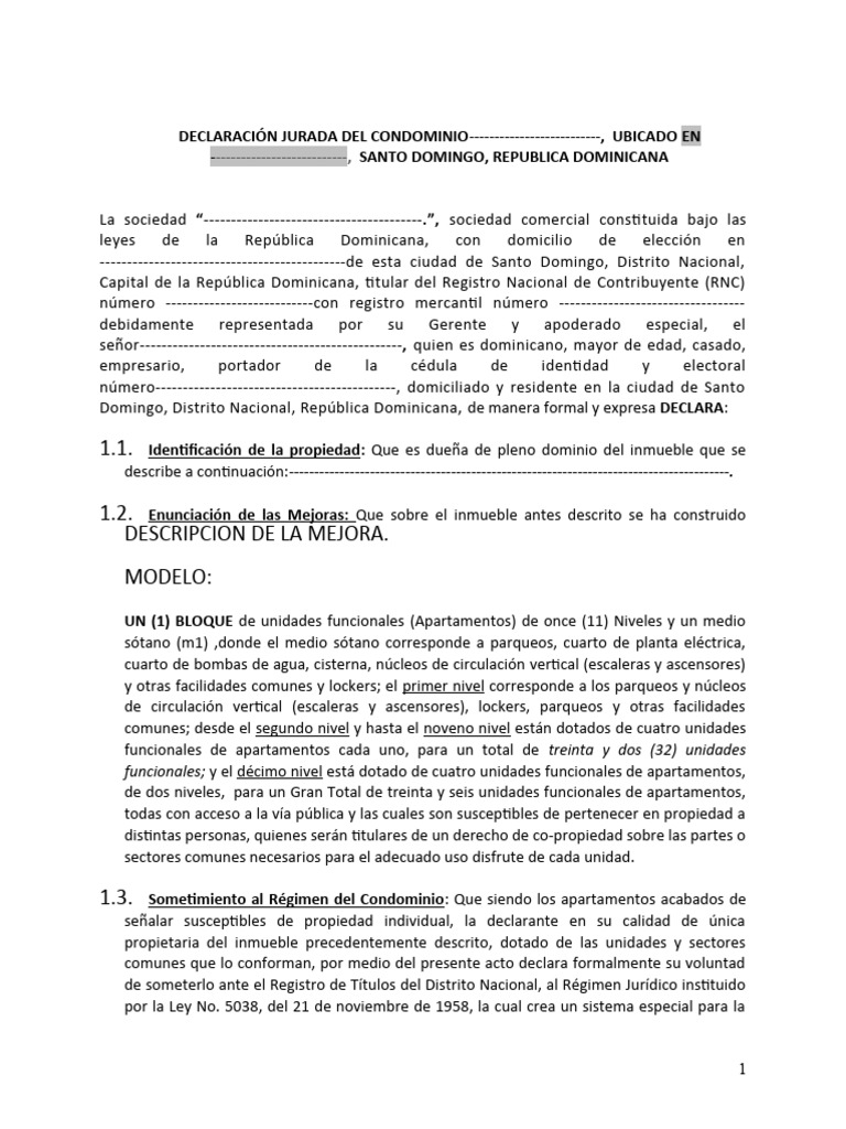 Modelo de Declaración de Condominio RD | PDF | Condominio | Propiedad