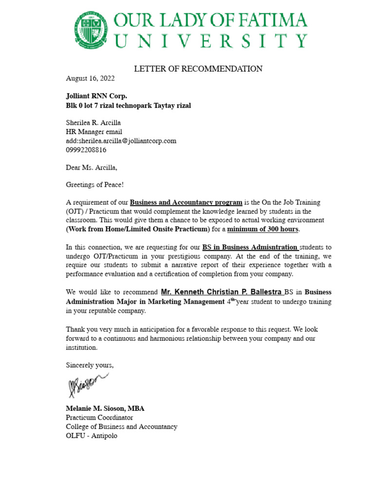 OJT Recommendation for Kenneth Ballestra | PDF
