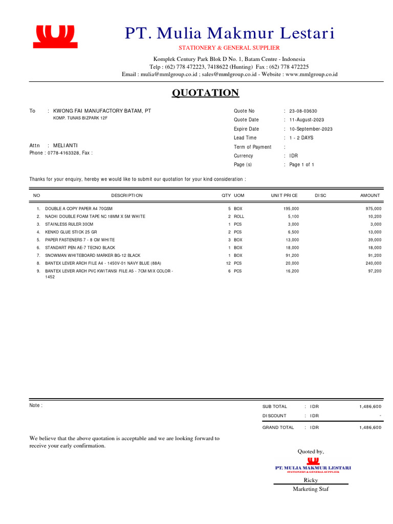 Quotation 03630 PDF Office Work Office Equipment