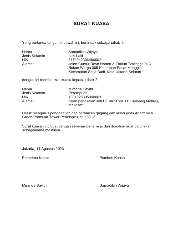 Contoh Surat Kuasa Perwakilan | PDF