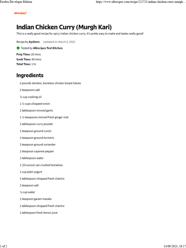 Indian Chicken Curry Murgh Kari PDF Curry Coriander