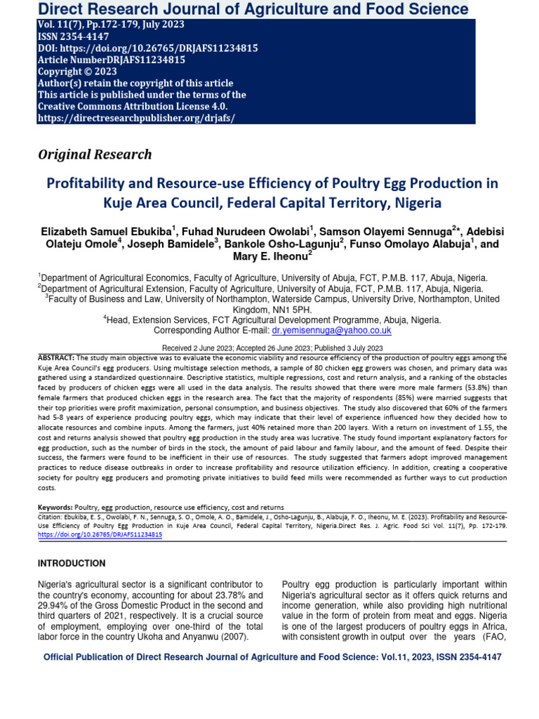 Profitability and resource use efficiency of poultry egg production in