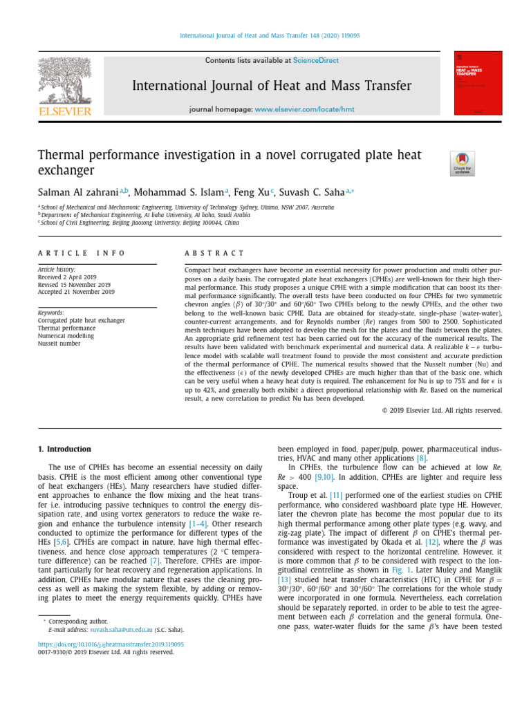 Thermal Performance Investigation in A Novel Corrugated Plate Heat ...