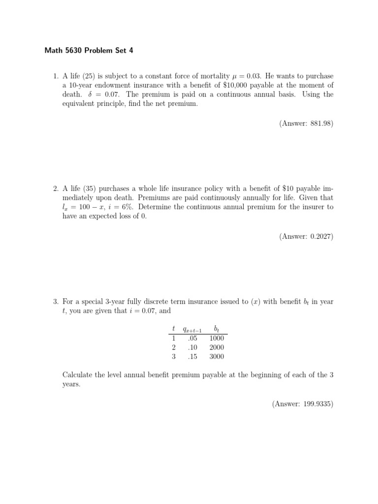 Advanced Actuarial Problem Set | PDF | Insurance | Life Insurance
