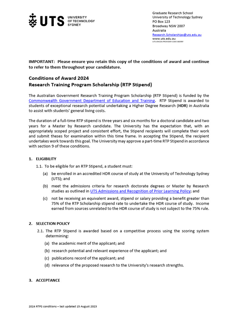 Conditions of Award 2024 Research Training Program Scholarship RTP