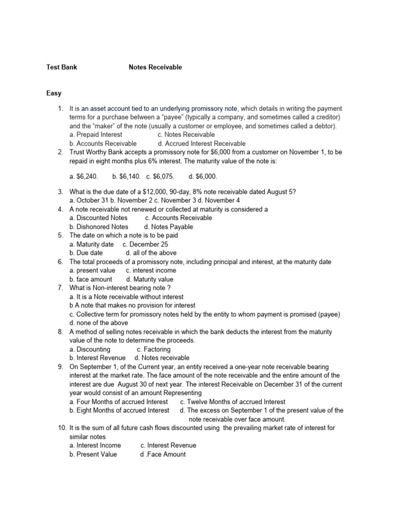 Notes Receivable Test Bank Questions | PDF | Promissory Note | Present ...