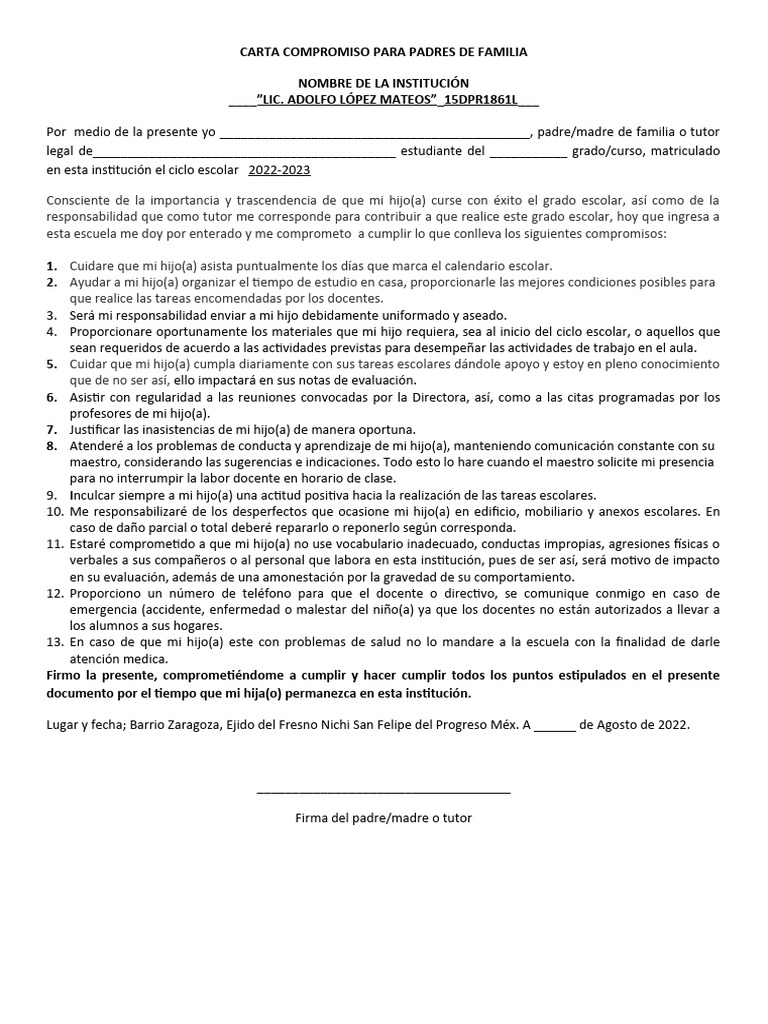 Carta Compromiso para Padres de Familia | PDF