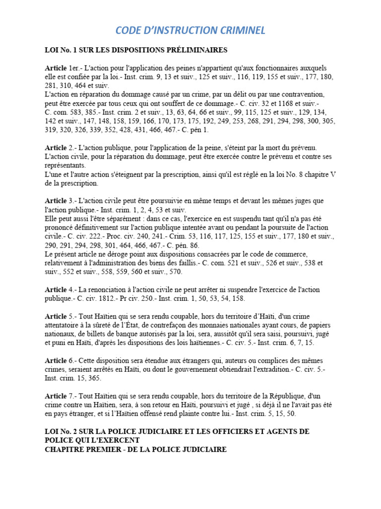Code d'instruction criminelle Haïti | PDF | Crimes | Crime et violence