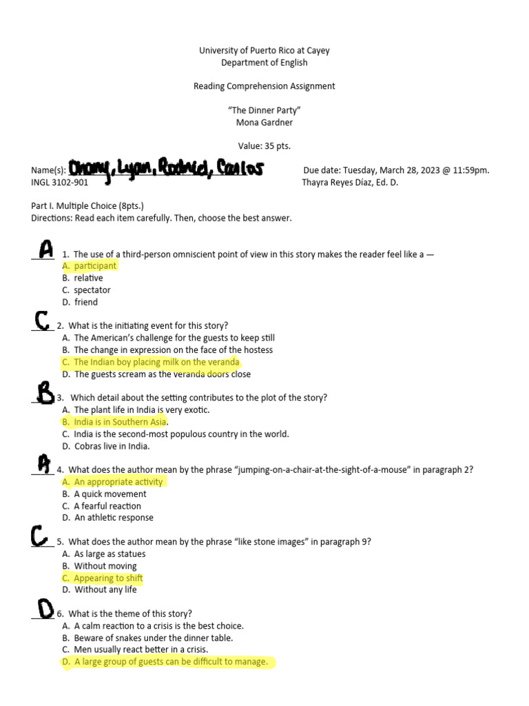 The Dinner Party: Comprehension Guide | PDF | Language Arts & Discipline