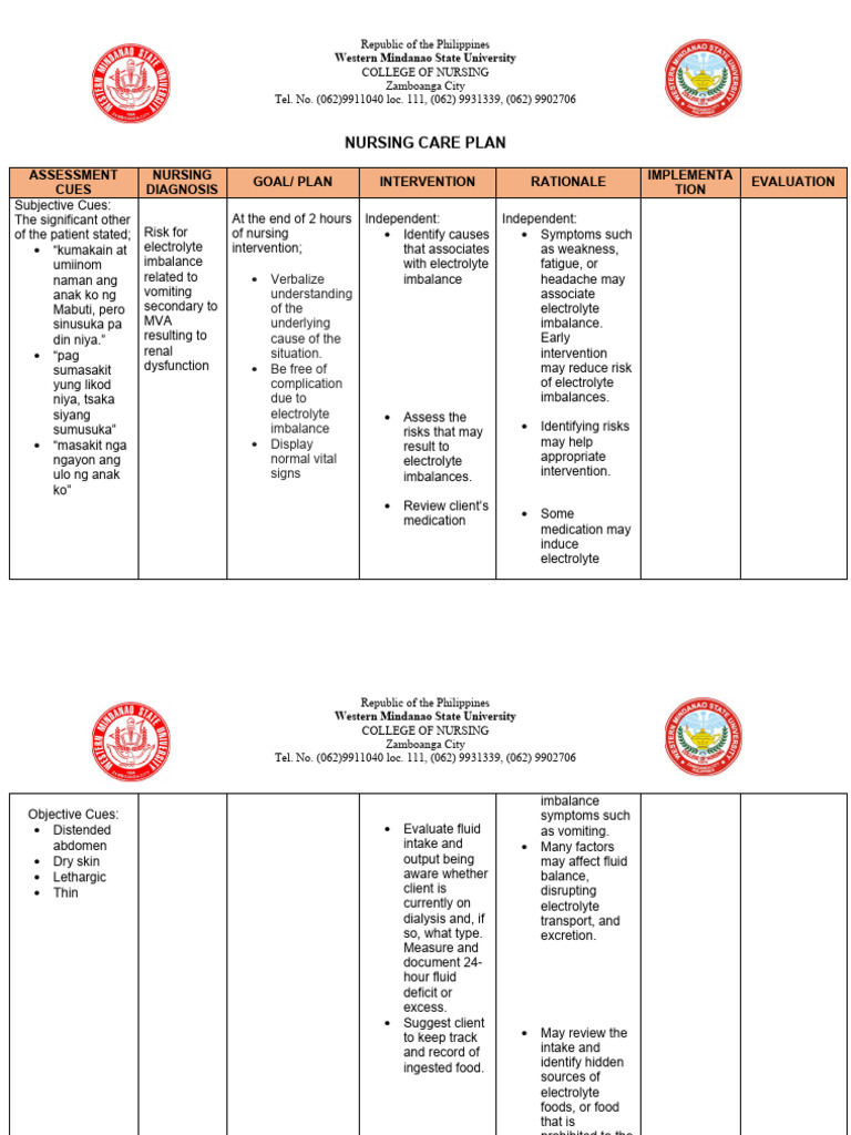 Nursing Care Plan for Electrolyte Imbalance | PDF | Nursing | Diseases ...