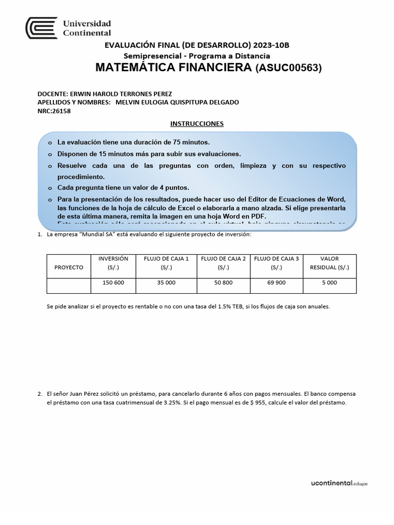 Examen Final de Matemática Financiera | PDF | Economias | Dinero