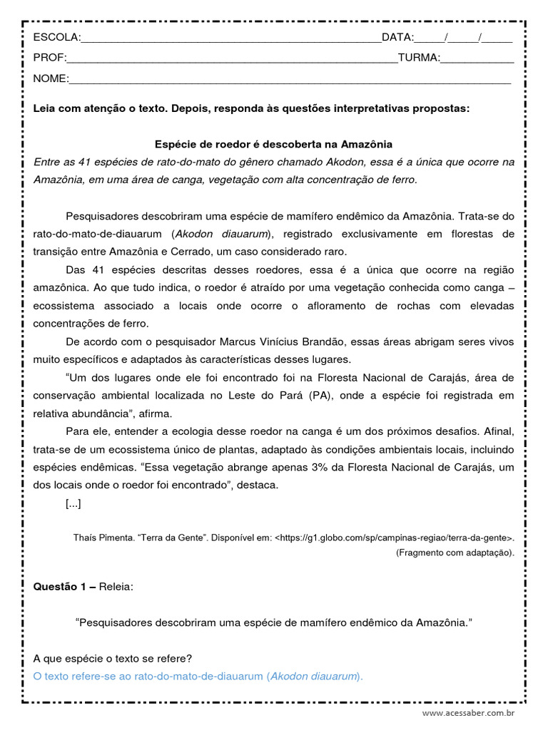 Interpretacao de Texto Nova Especie de Roedor 5o Ano Respostas | PDF ...