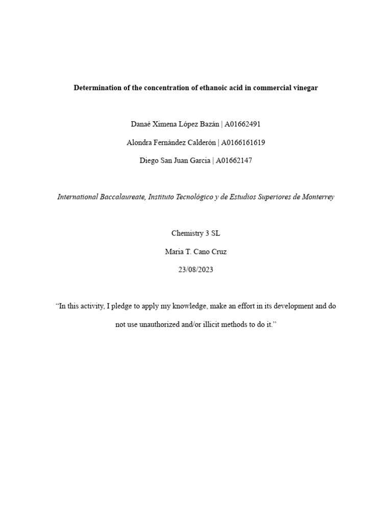 Ethanoic Acid Titration in Vinegar | PDF | Titration | Chemistry