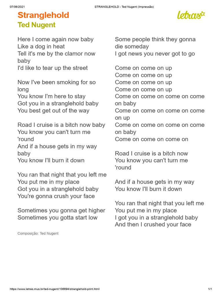 STRANGLEHOLD Ted Nugent (Impressão) PDF Songs Singles (Music)