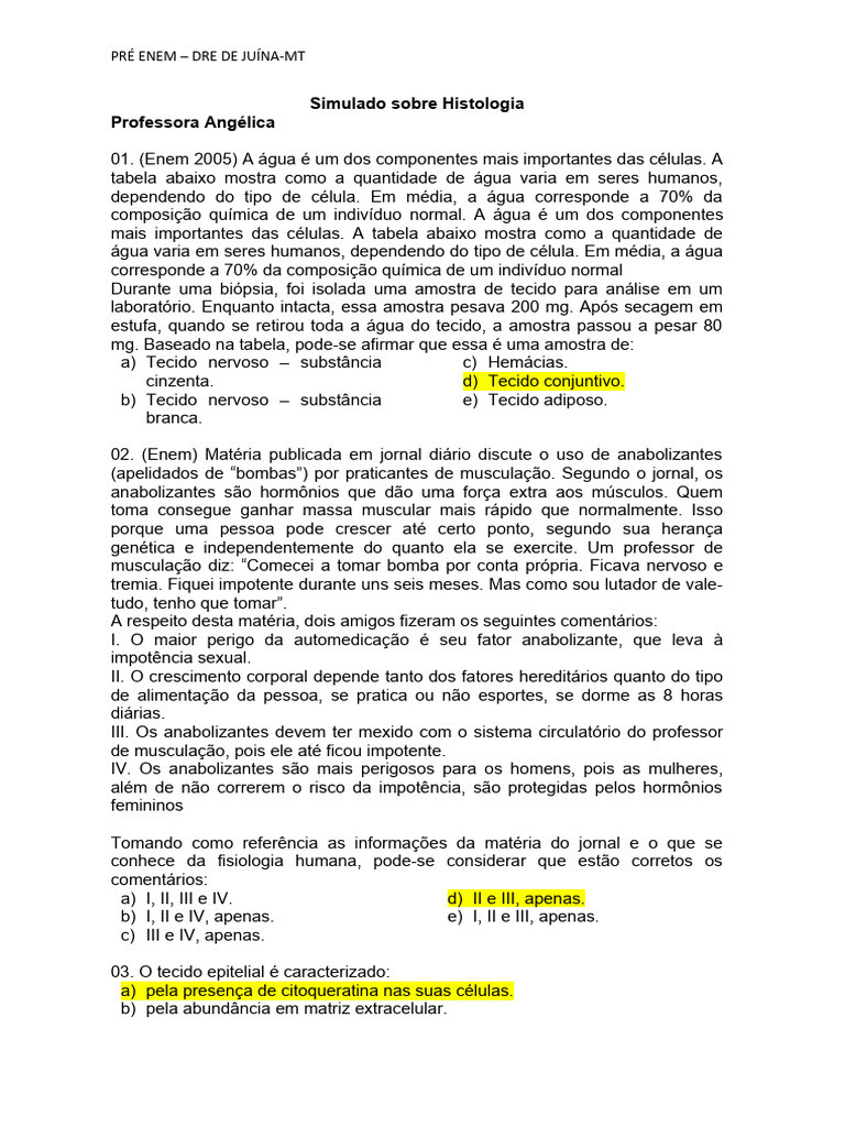 Simulado de Histologia para o PRÉ ENEM | PDF | Osso | Colágeno