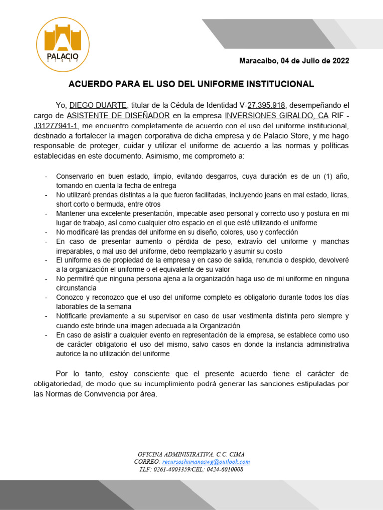 Acuerdo Uso Uniforme Institucional | PDF