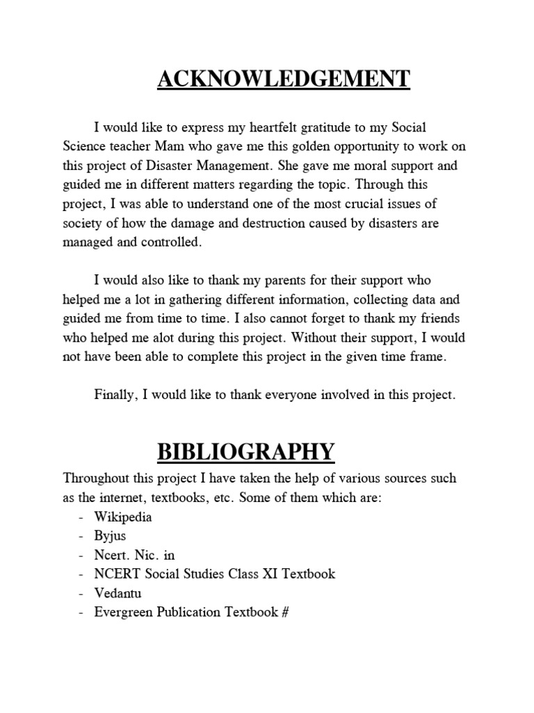 Acknowledgement for Class 9 Disaster Project | PDF