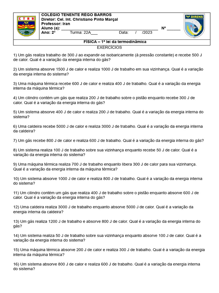 Exercícios - 1 Lei Da Termodinâmica | PDF | Termodinâmica | Calor