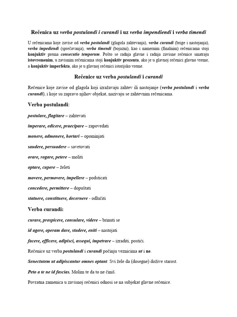 Rečenica Uz Verba Postlandi I Curandi I Uz Verba Impendiendi I Verba ...
