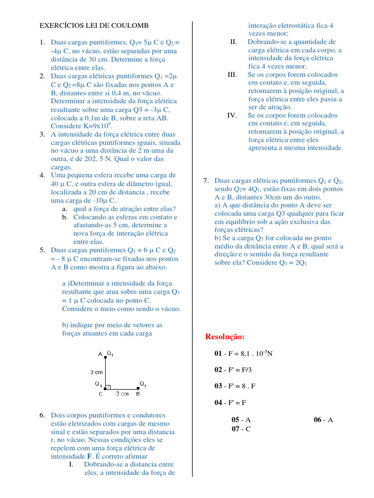 Exercícios sobre Lei de Coulomb | PDF | Eletricidade | Carga elétrica