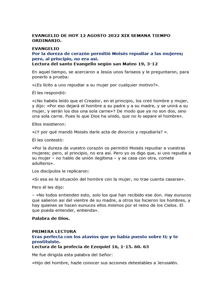 Evangelio de Hoy 12 Agosto 2022 Xix Semana Tiempo Ordinario PDF