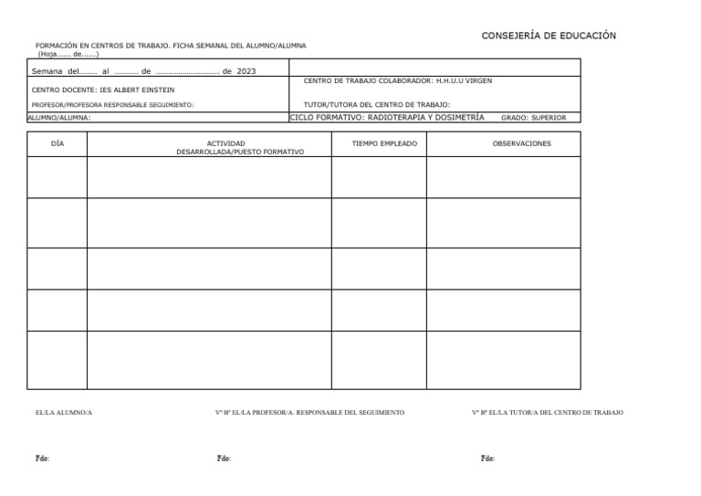 Ficha Semanal FCT Radioterapia 2023 | PDF | Crecimiento personal y ...
