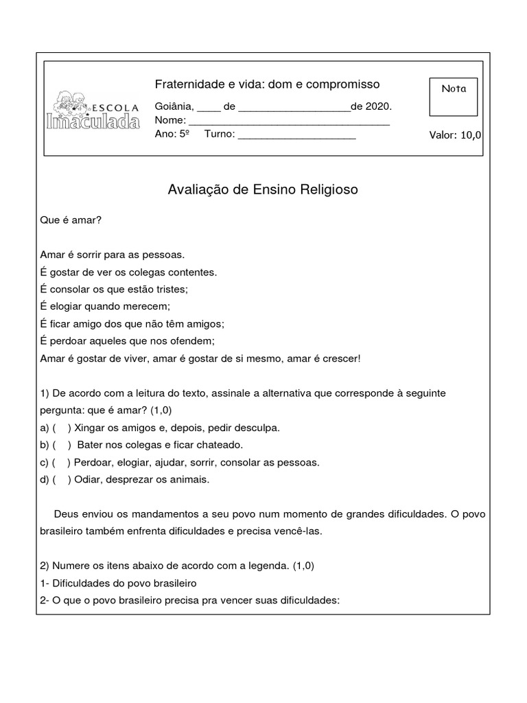 Avaliação de Ensino Religioso 5º Ano | PDF | Carreira e Crescimento